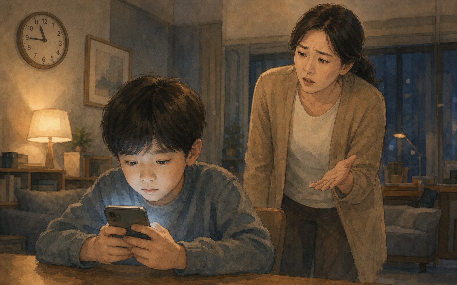 아이가 휴대폰을 보고 있고 엄마가 뒤에서 걱정스러운 표정으로 말하는 반복 장면 일러스트
